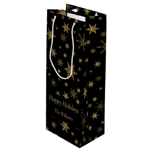 金ゴールドスノーフレークスクリスマスブラックパーソナライズされた ワインギフトバッグ (正面アングル)