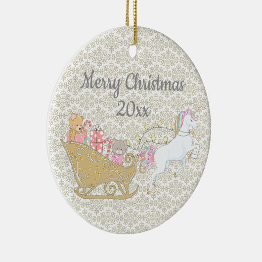 金ゴールドスノーフレークスクリスマスユニコーンサンタそり セラミックオーナメント (右)