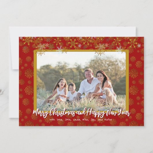 金ゴールドスノーフレークスフラットクリスマスファミリーフォトカード 招待状 (正面)