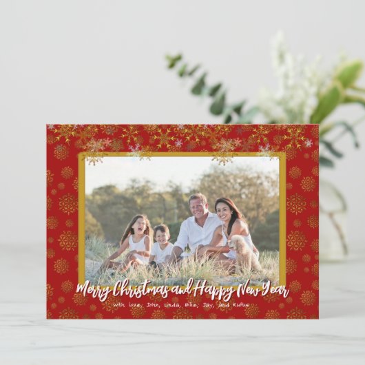 金ゴールドスノーフレークスフラットクリスマスファミリーフォトカード 招待状 (スタンド正面)