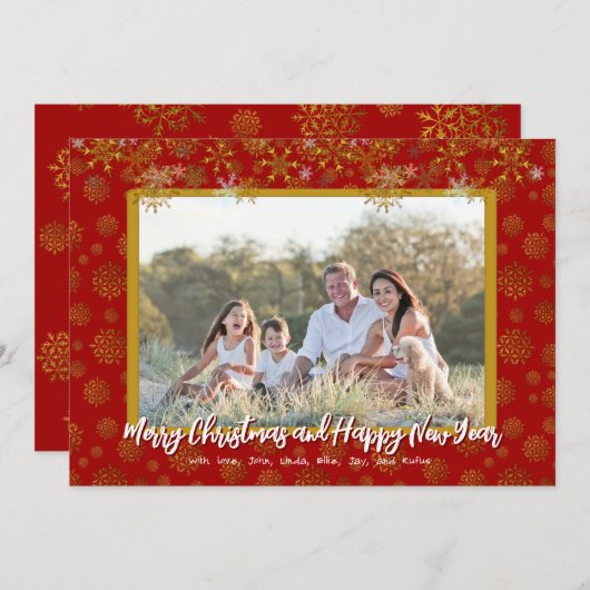金ゴールドスノーフレークスフラットクリスマスファミリーフォトカード 招待状 (正面/裏面)