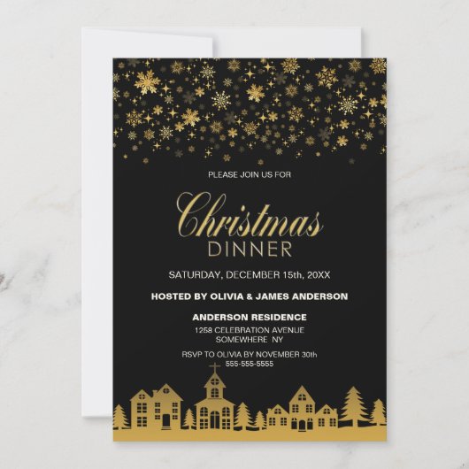 金ゴールドスノーフレークスブラッククリスマスディナー 招待状 (正面)