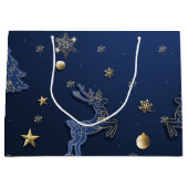 金ゴールドスノーフレークスブルークリスマスツリートナカイ ラージペーパーバッグ (正面)