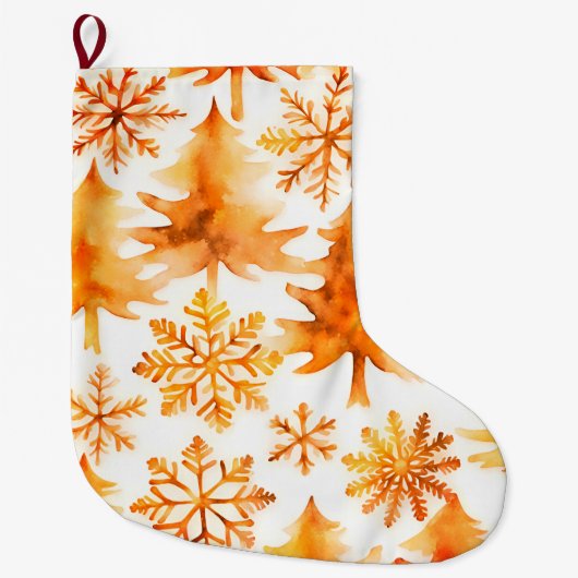金ゴールドスノーフレークスホリデーツリー ラージクリスマスストッキング (正面)