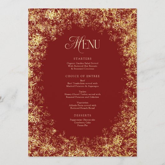 金ゴールドスノーフレークスレッドクリスマスホリデーディナー メニュー (正面)