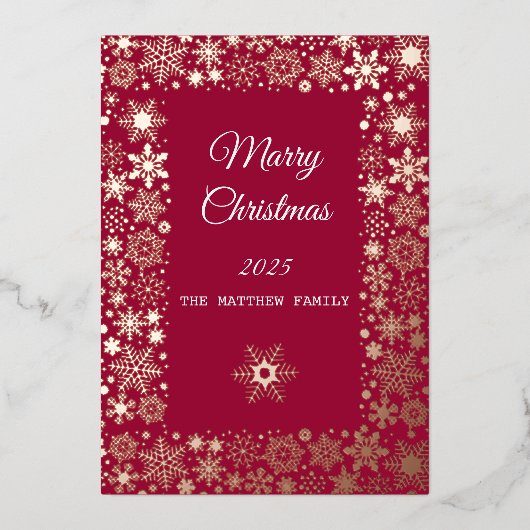 金ゴールドスノーフレークフレームホリデーカード 箔招待状 (正面)