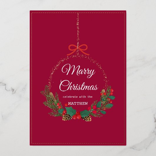 金ゴールドスノーフレークフレームホリデー招待状カード 箔招待状 (正面)