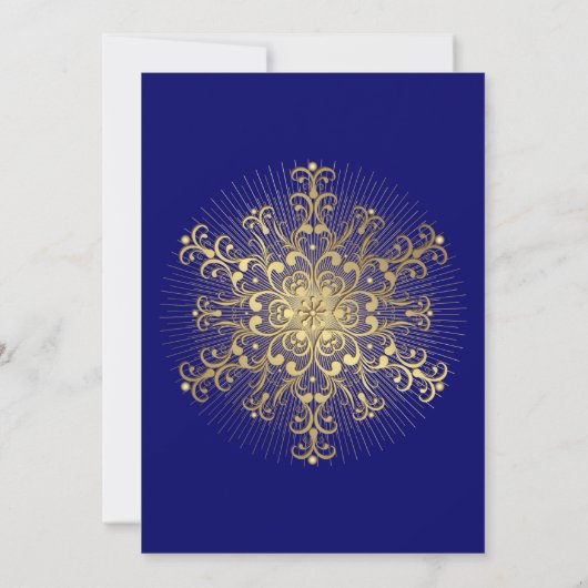 金ゴールドスノーフレークブルーウィンターウェディングブライダルシャワー 招待状 (裏面)