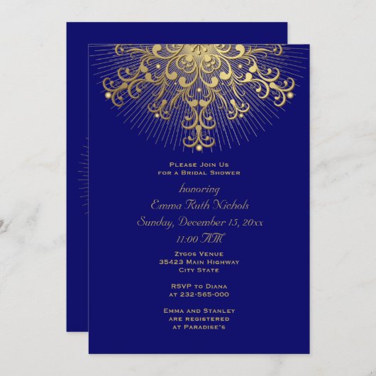 金ゴールドスノーフレークブルーウィンターウェディングブライダルシャワー 招待状 (正面/裏面)