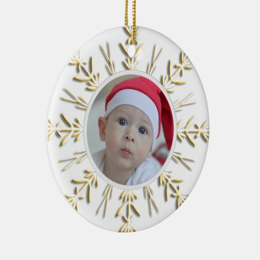 金ゴールドスノーフレークベビー第1回クリスマスフォト セラミックオーナメント (右)