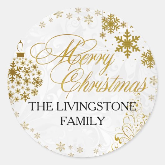 金ゴールドスノーフレークメリークリスマスホリデーステッカー ラウンドシール (正面)