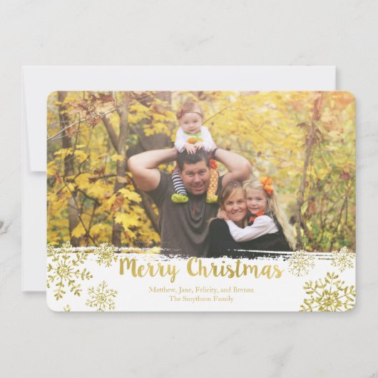 金ゴールドスノーフレークメリークリスマスホリデーフォトカード シーズンカード (正面)