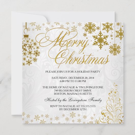 金ゴールドスノーフレークメリークリスマスホリデー招待状 招待状 (正面)