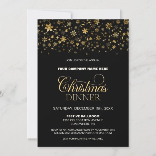 金ゴールドスノーフレーク企業のブラッククリスマスディナー 招待状 (正面)