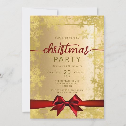 金ゴールドスノーフレーク会社クリスマスレッドリボン 招待状 (正面)