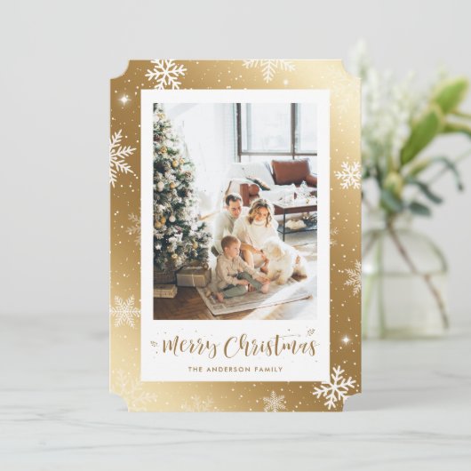 金ゴールドスノーフレーク写真メリークリスマスカード シーズンカード (スタンド正面)