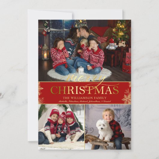 金ゴールドスノーフレーク写真メリークリスマス シーズンカード (正面)