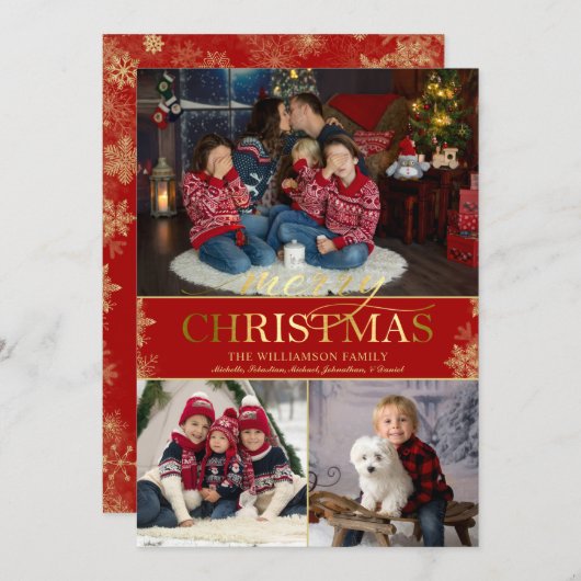 金ゴールドスノーフレーク写真メリークリスマス シーズンカード (正面/裏面)