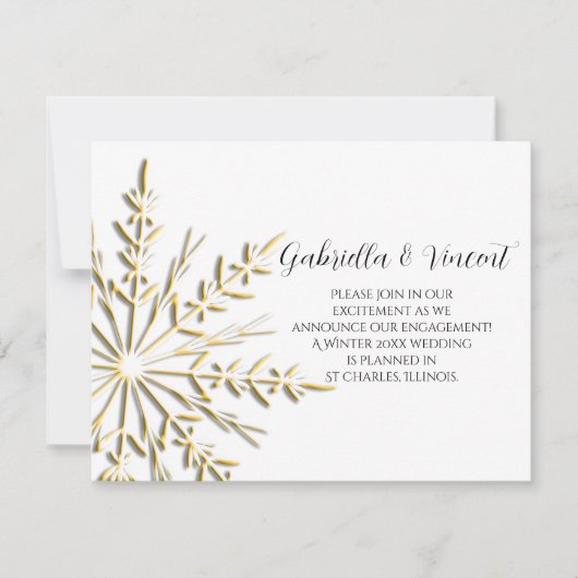 金ゴールドスノーフレーク冬の婚約発表 案内状 (正面)