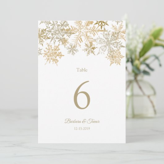 金ゴールドスノーフレーク冬の結婚式のテーブル番号 招待状 (スタンド正面)
