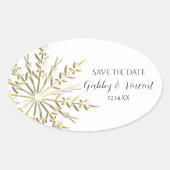 金ゴールドスノーフレーク冬の結婚式の日付を保存 楕円形シール (正面)