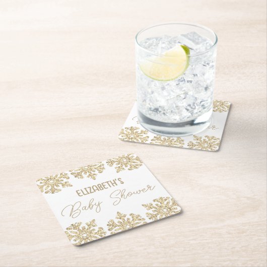 金ゴールドスノーフレーク冬の赤ちゃんシャワー スクエアペーパーコースター (インサイチュ)