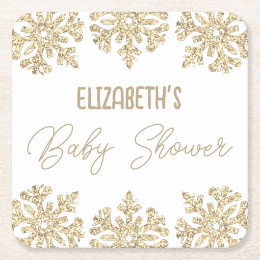 金ゴールドスノーフレーク冬の赤ちゃんシャワー スクエアペーパーコースター (正面)