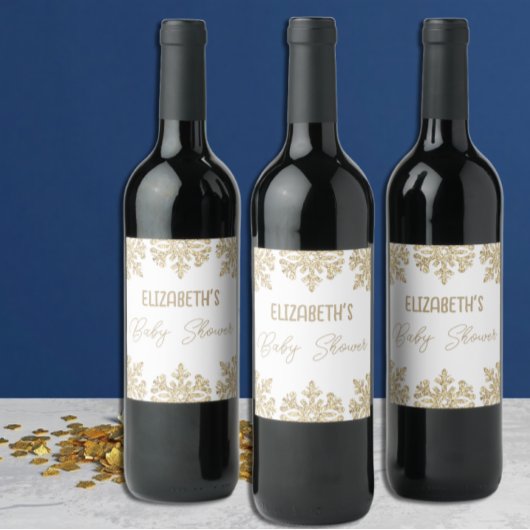 金ゴールドスノーフレーク冬の赤ちゃんシャワー ワインラベル