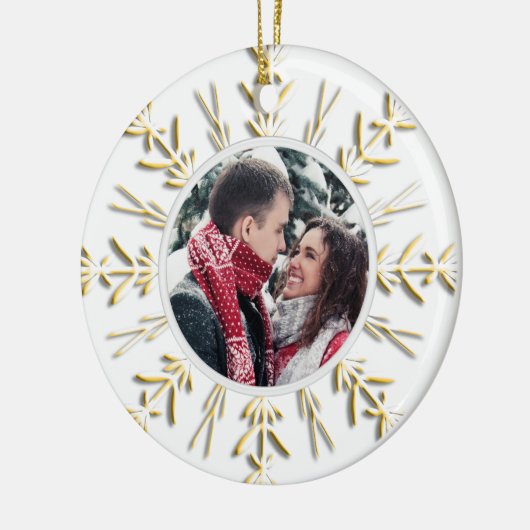金ゴールドスノーフレーク初めてのクリスマス写真 セラミックオーナメント (左)