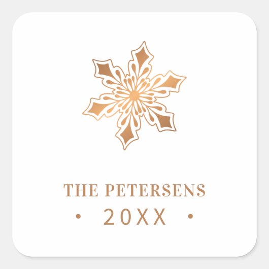 金ゴールドスノーフレーク家族の名前の年カスタムクリスマス スクエアシール (正面)