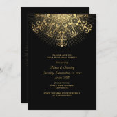 金ゴールドスノーフレーク結婚ブラックのリハーサル 招待状 (正面/裏面)