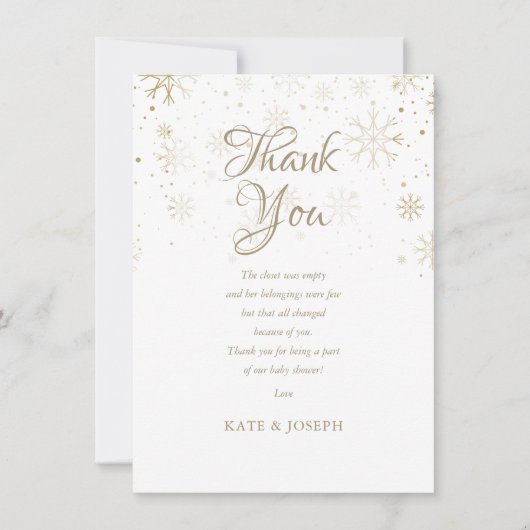 金ゴールドスノーフレーク赤ちゃんシャワーありがとう詩 サンキューカード (正面)