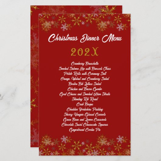 金ゴールドスノーフレーク赤クリスマスディナーメニュー (正面/裏面)