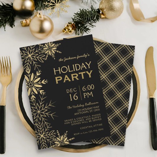 金ゴールドスノーフレーク金ゴールドプレイド&ブラックホリデーグラム 招待状