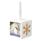 金ゴールドスノーフレーク2フォトクリスマスホリデー キューブオーナメント (裏面アングル)