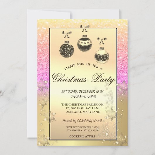 金ゴールドスノーフレーク、クリスマスボールグリッター会社 招待状 (正面)