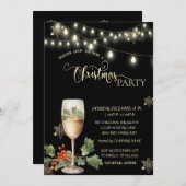 金ゴールドスノーフレーク、シャンパンEガラスクリスマスパーティー 招待状 (正面/裏面)