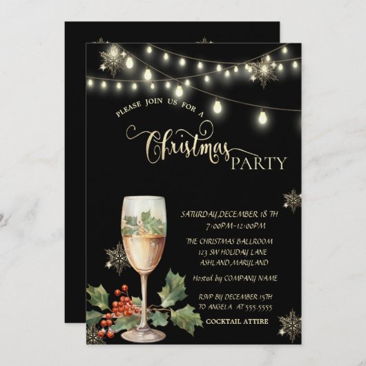 金ゴールドスノーフレーク、シャンパンEガラスクリスマスパーティー 招待状 (正面/裏面)