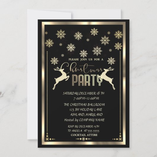 金ゴールドスノーフレーク、ディアブラックカンパニークリスマスパーティー 招待状 (正面)