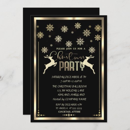 金ゴールドスノーフレーク、ディアブラックカンパニークリスマスパーティー 招待状 (正面/裏面)