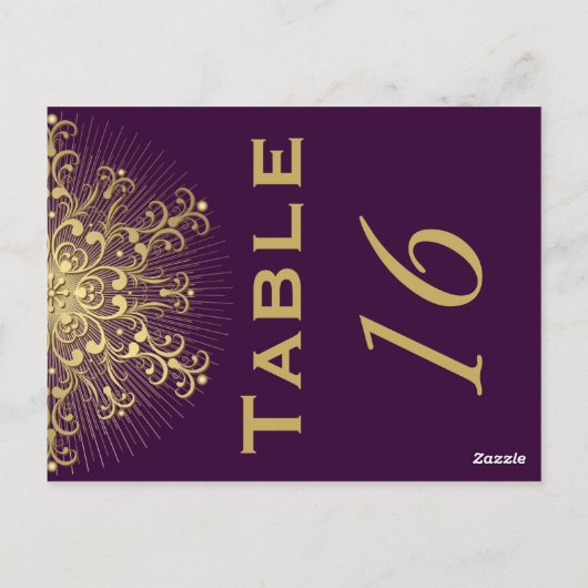 金ゴールドスノーフレーク、紫色の冬の結婚式のテーブル番号 ポストカード (裏面)