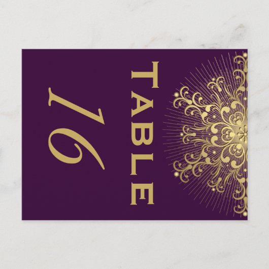 金ゴールドスノーフレーク、紫色の冬の結婚式のテーブル番号 ポストカード (正面)