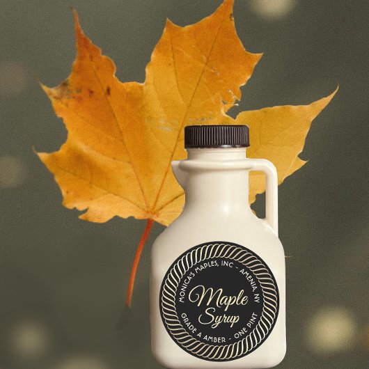 金ゴールドスパイラ縁どル・メープル・シロップ・ラベル付き黒 ラウンドシール