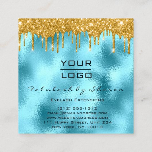 金ゴールドスパークメイクアップアーティストラッシュロゴブルー スクエア名刺 (裏面)