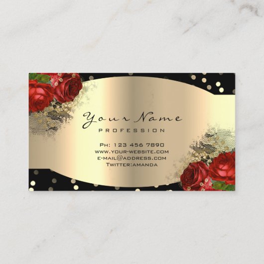 金ゴールドスパークリーのメイクアップアーティストまばたきフローラレッドローズ 名刺 (裏面)