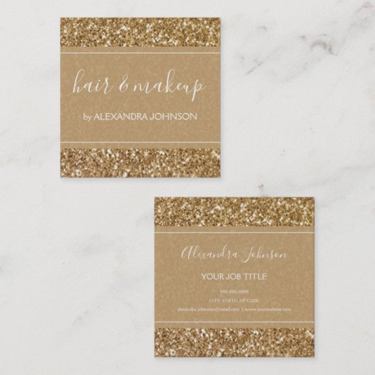 金ゴールドスパークルとグリッターヘア&メイクアップ スクエア名刺 (正面/裏面)
