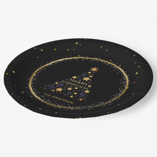 金ゴールドスパークルクリスマスツリー ペーパープレート (アングル)