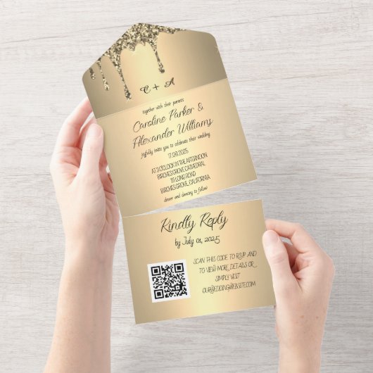 金ゴールドスパークルグリッタースクリプトRSVP モダン QRコード オールインワン招待状 (貼ってはがせる)