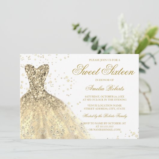 金ゴールドスパークルグリッタードレススウィート16誕生日 招待状 (スタンド正面)