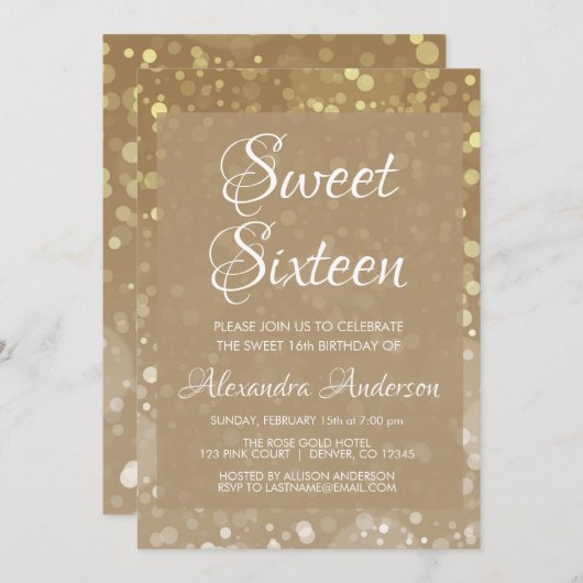 金ゴールドスパークルグリッターライツスウィート16誕生日 招待状 (正面/裏面)